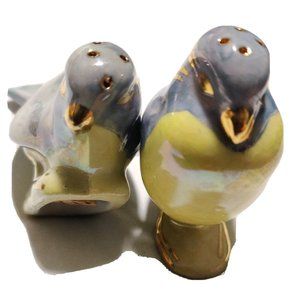 Vintage Blue Yellow Birds Salt & Pepper Shakers Gold Detailed Glossy Porcelain